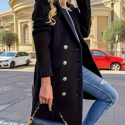 vlovelaw Solid Double Breasted Lapel Overcoat, Versatile Long Sleeve Midi Length Fall & Winter Outwear, Women's Clothing