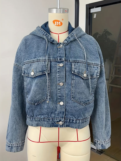 Plain Hooded Cropped Denim Coats, Single-Breasted Button Long Sleeves Flap Pockets Denim Jackets, Women's Denim Clothing