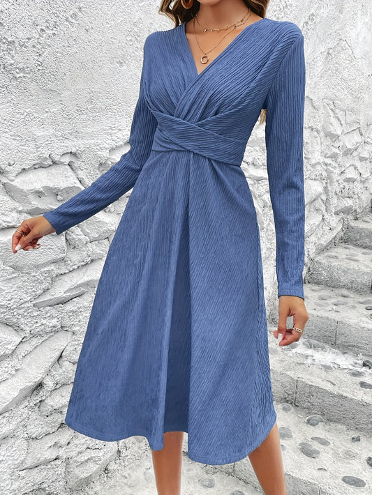 vlovelaw Criss Cross Solid Dress, Elegant Simple V Neck Long Sleeve Dress, Women's Clothing