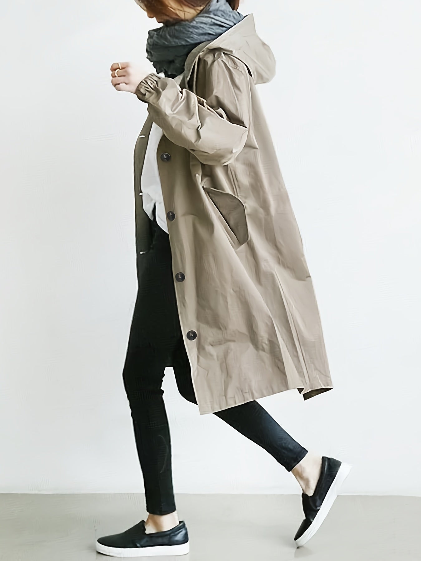 vlovelaw  Drawstring Hooded Trench Coat, Casual Solid Long Sleeve Outerwear, Women's Clothing