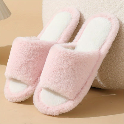 Elegant Solid Color Fluffy Slippers, 2 Fuzzy Plush Indoor Home Non-Slip Slippers, Indoor Warm Cozy Shoes