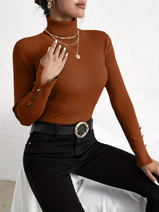 vlovelaw  Solid Turtle Neck Slim Pullover Sweater, Casual Long Sleeve Fake Button Sweater For Fall & Winter, Women's Clothing