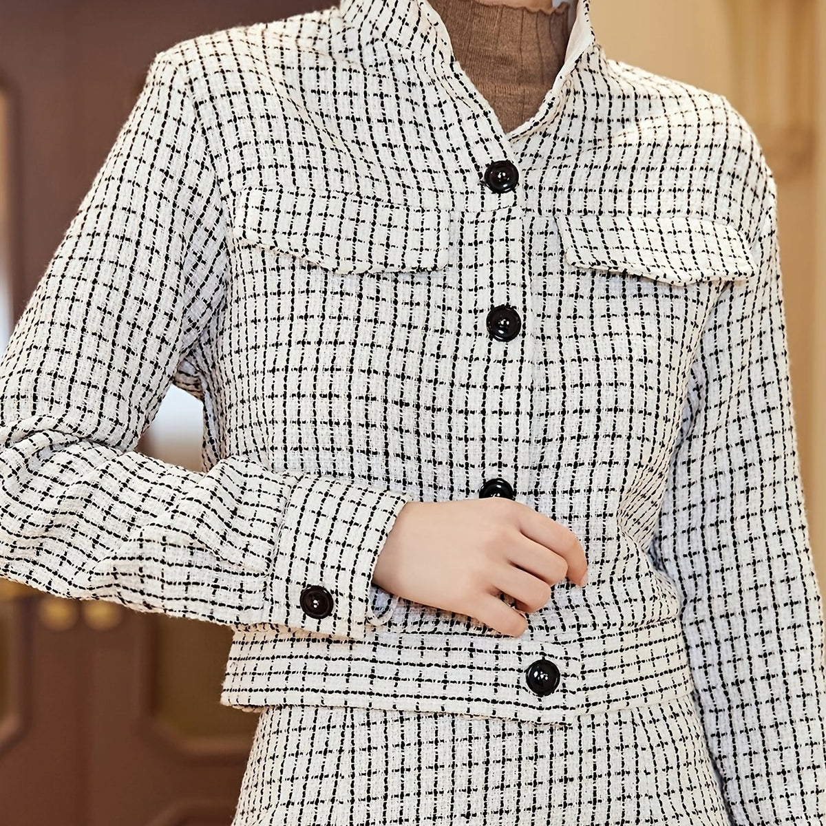 Plaid Button Front Fall & Winter Jacket, Elegant Long Sleeve Outerwear, Women's Clothing