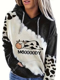 vlovelaw  Plus Size Casual Sweatshirt, Women's Plus Cow & Letter Print Long Sleeve Drawstring Hoodie