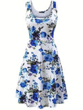 vlovelaw  Plus Size Elegant Dress, Women's Plus Floral Print Round Neck Medium Stretch Tank Dress