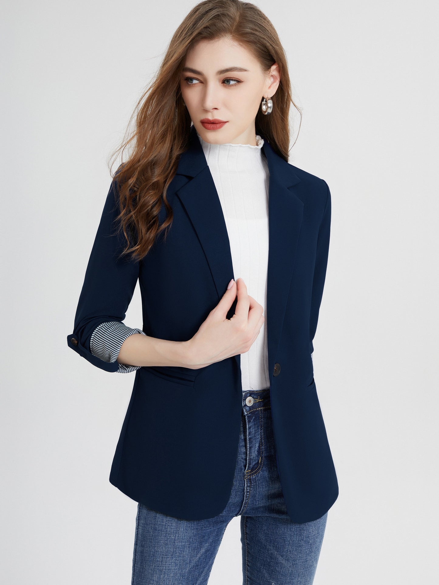 vlovelaw  V-neck Pocket Basic Blazer Coat, Casual Long Sleeve Fashion Loose Blazer Outerwear, Women's Clothing