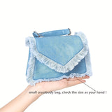 Mini Denim Tassel Crossbody Bag - Buckle Closure, Polyester Lining, Solid Color, Cowboy Material, Trendy Chain Detailing - Fashionable Y2K Inspired Shoulder Bag for Women