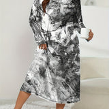 vlovelaw Plus Size Elegant Loungewear Dress, Women's Plus Tie Dye Fluid Print Long Sleeve Round Neck Sleep Dress