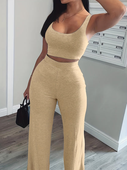 vlovelaw Casual Workout 2 Pieces Set, Cropped Sleeveless Tank Top & High Waist Wide Leg Pants Outfits, Women's Clothing