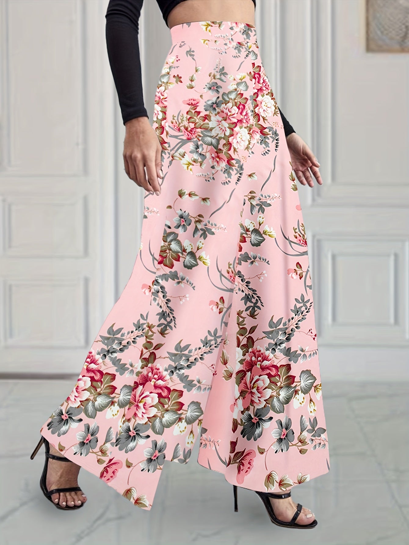 vlovelaw  Floral Print Wide Leg Pants, Elegant High Waist Flowy Pants, Women's Clothing