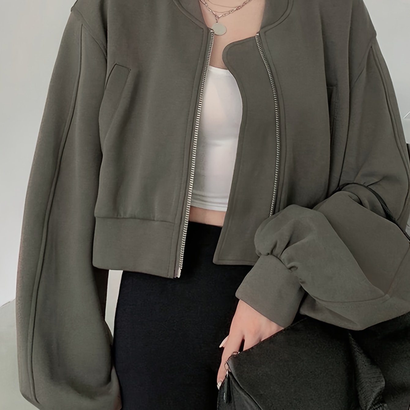 Solid Color Zip-up Crop Jacket, Casual Long Sleeve Pocket Jacket For Fall & Winter, Women's Clothing