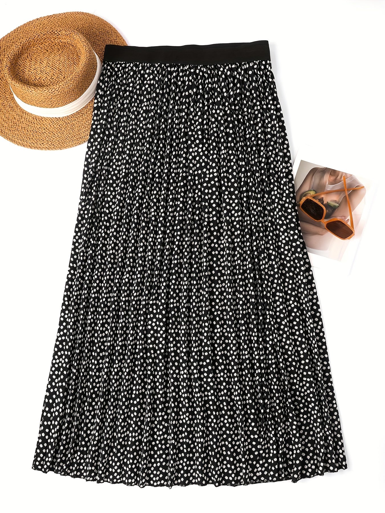 Plus Size Casual Skirt, Women's Plus Dot Print High Rise Slight Stretch Maxi Skirt