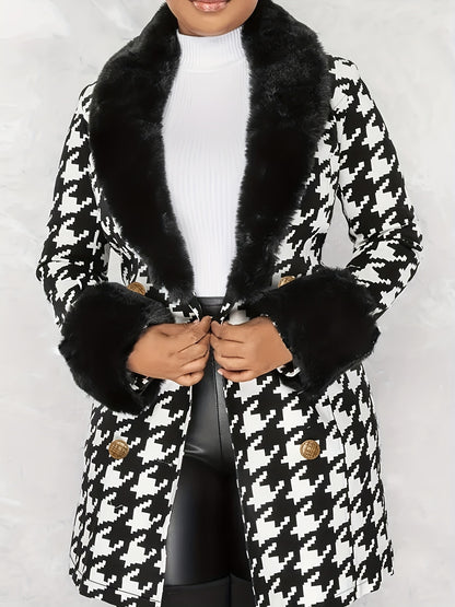 vlovelaw  Houndstooth Faux-Fur Trim Outwear, Elegant Double Breasted Long Sleeve Belted Coat For Winter, Women's Clothing