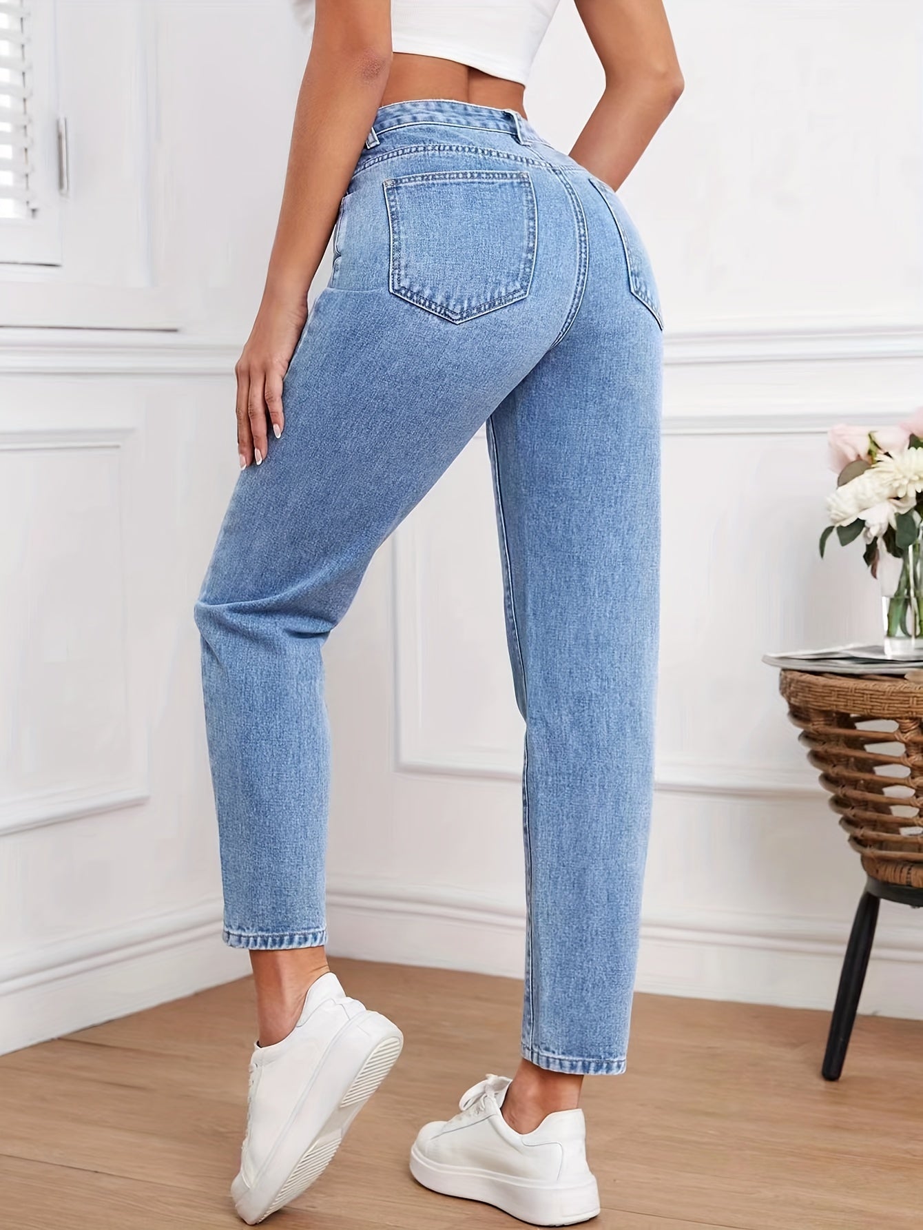 vlovelaw  Overlap Leisure Tapered Jeans, Slash Pocket Trendy Loose Denim Pants, Women's Denim Jeans & Clothing