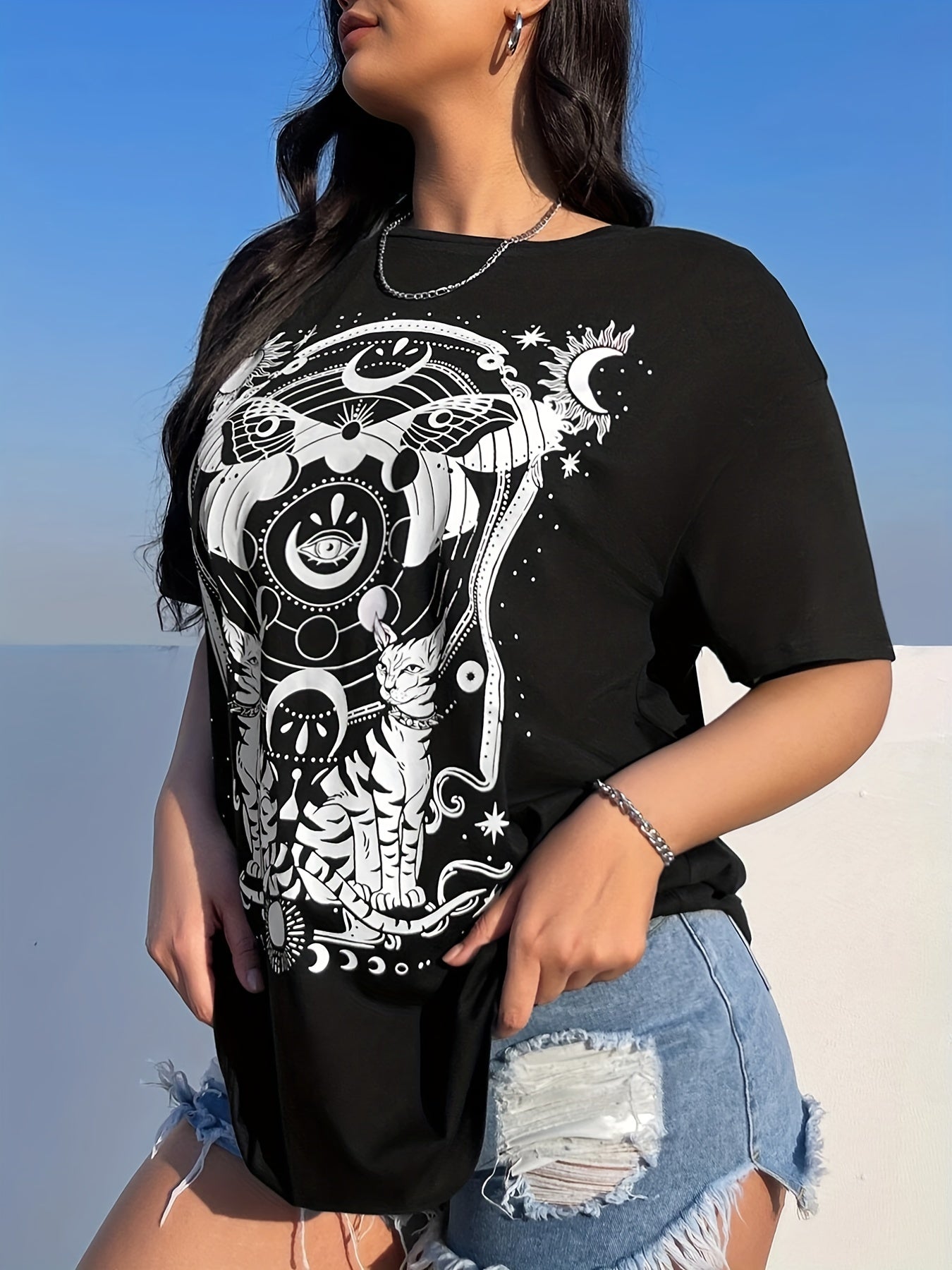 Plus Size Casual T-shirt, Women's Plus Graphic Print Drop Shoulder Short Sleeve Round Neck Slight Stretch T-shirt