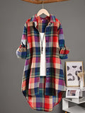 Flattering Plus Size Plaid Blouse for Curvy Women - Stylish Casual Wear with Roll Up Sleeves and Turn Down Collar - Trendy Button Up Print Top