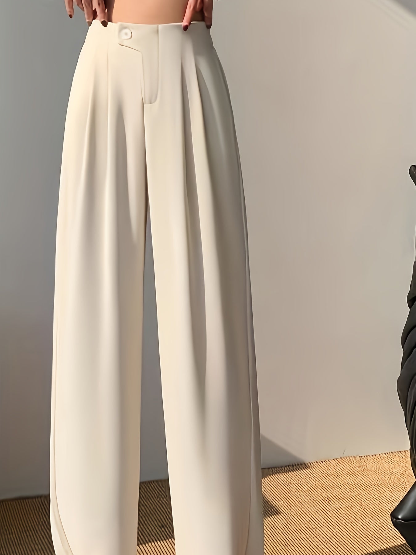 Solid High Waist Pants, Casual Wide Leg Button Pants, Women's Clothing