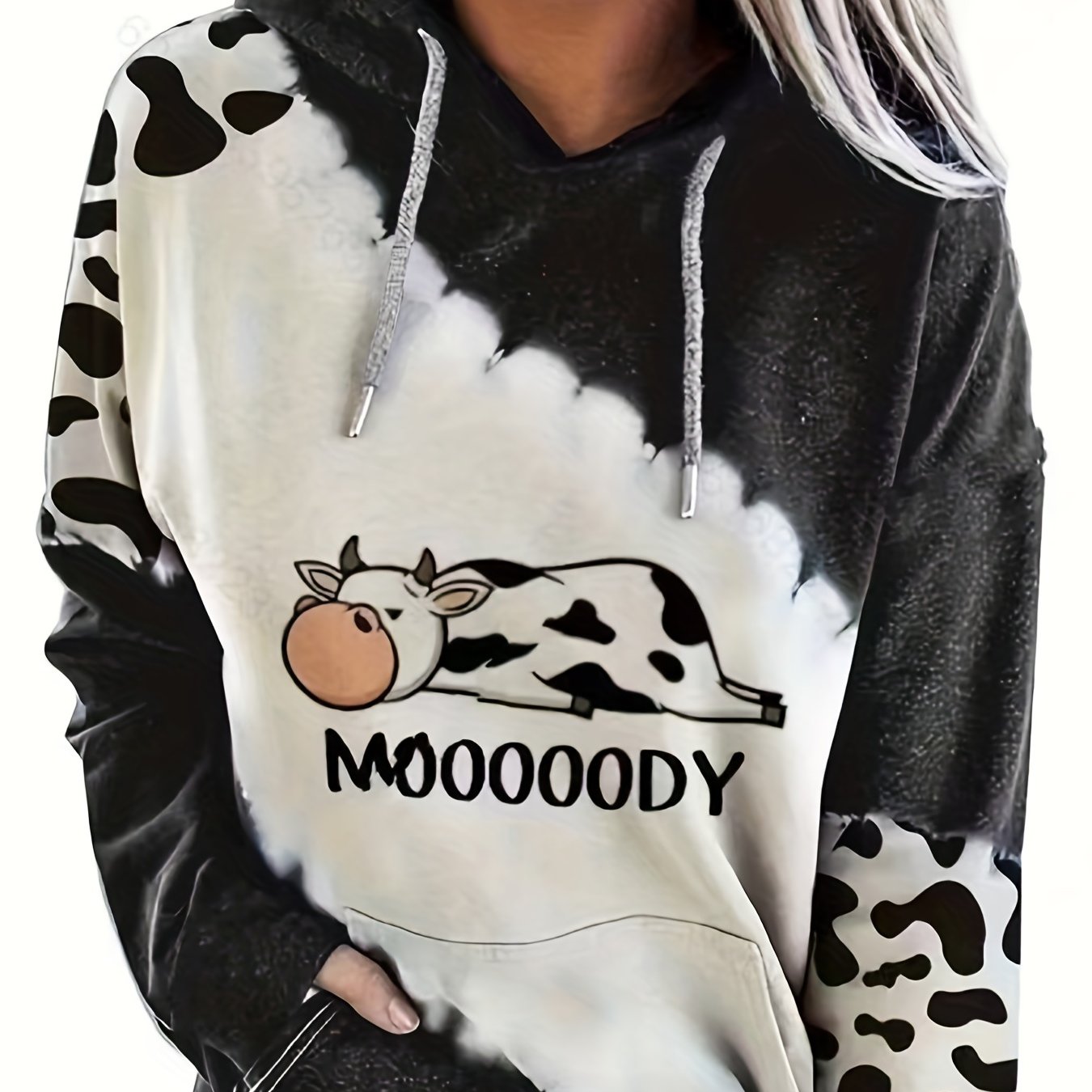 vlovelaw  Plus Size Casual Sweatshirt, Women's Plus Cow & Letter Print Long Sleeve Drawstring Hoodie