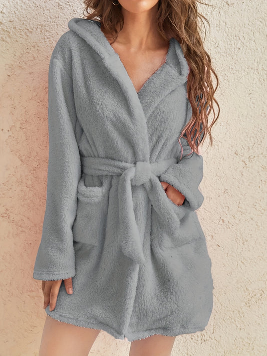 vlovelaw  Simple Solid Fuzzy Night Robe, Casual Long Sleeve Hooded Robe With Belt & Pockets, Women's Sleepwear