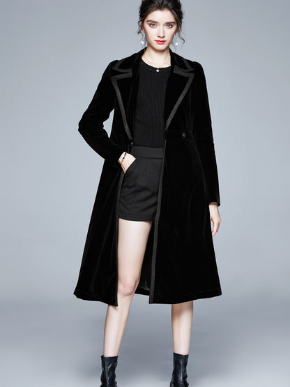 Contrast Trim Lapel Trench Coat, Elegant Long Sleeve Velvet Outwear For Fall & Winter, Women's Clothing