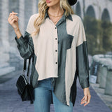 Textured Patchwork Polo Collar Button Blouse, Casual Long Sleeve Asymmetrical Blouse For Spring & Fall, Women's Clothing