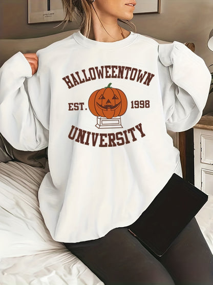 vlovelaw  Plus Size Halloween Sweatshirt, Women's Plus Cartoon Pumpkin & Letter Print Long Sleeve Round Neck Slight Stretch Sweatshirt