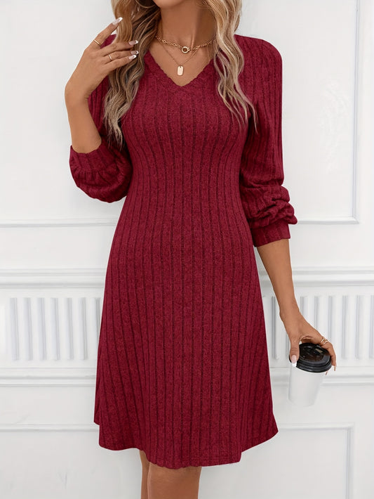 vlovelaw  Ribbed V Neck Dress, Elegant Long Sleeve Dress, Women's Clothing