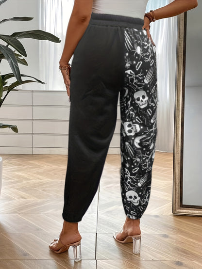 Plus Size Halloween Pants, Women's Plus Skull Print Medium Stretch Tapered Leg Pants