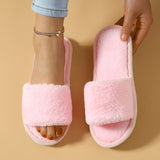 Winter Plush Open Toe Slippers, Solid Color Cozy & Warm Slip On Shoes, Comfy Indoor Floor Slippers