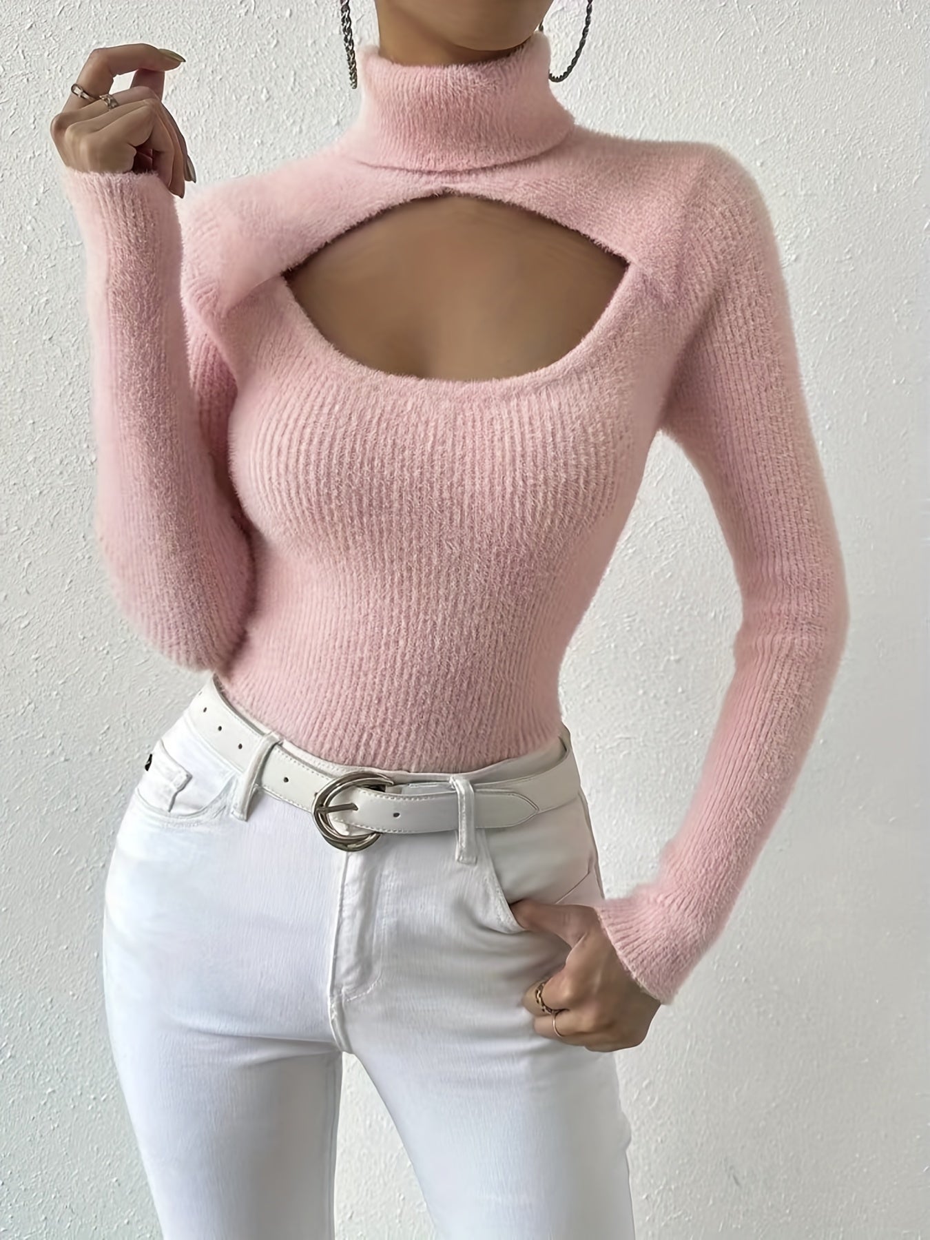 vlovelaw Cut Out Turtleneck Knit Sweater, Sexy Solid Long Sleeve Sweater, Women's Clothing