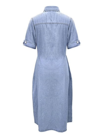 vlovelaw  A-Line Flap Pockets Denim Dress, Rolled Sleeve Button Up V Neck Dress, Casual Lapel Denim Long Dress, Women's Denim Dress & Clothing