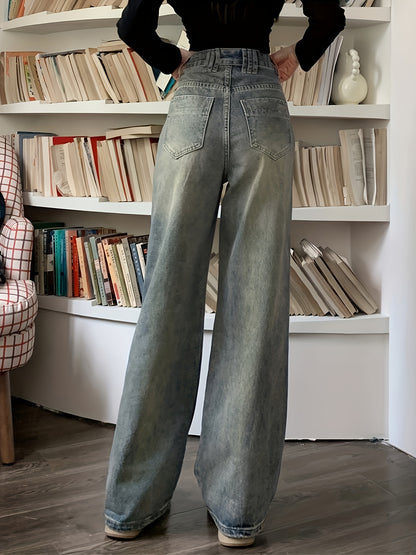 vlovelaw Whiskering Vintage Washed Jeans, Loose Fit High Rise Slash Pocket Denim Pants, Women's Denim Jeans & Clothing