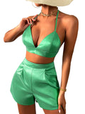 vlovelaw Solid Casual Two-piece Set, Halter Neck Crop Top & High Waist Shorts Outfits, Women's Clothing