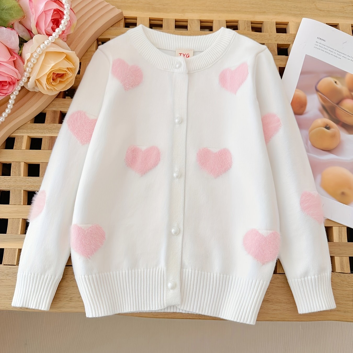 Adorable Girls Heart Pattern Knit Cardigan - Soft Long Sleeve Crew Neck Sweater Jacket with Cute Button Detail - Perfectly Short for a Chic, Elegant Style