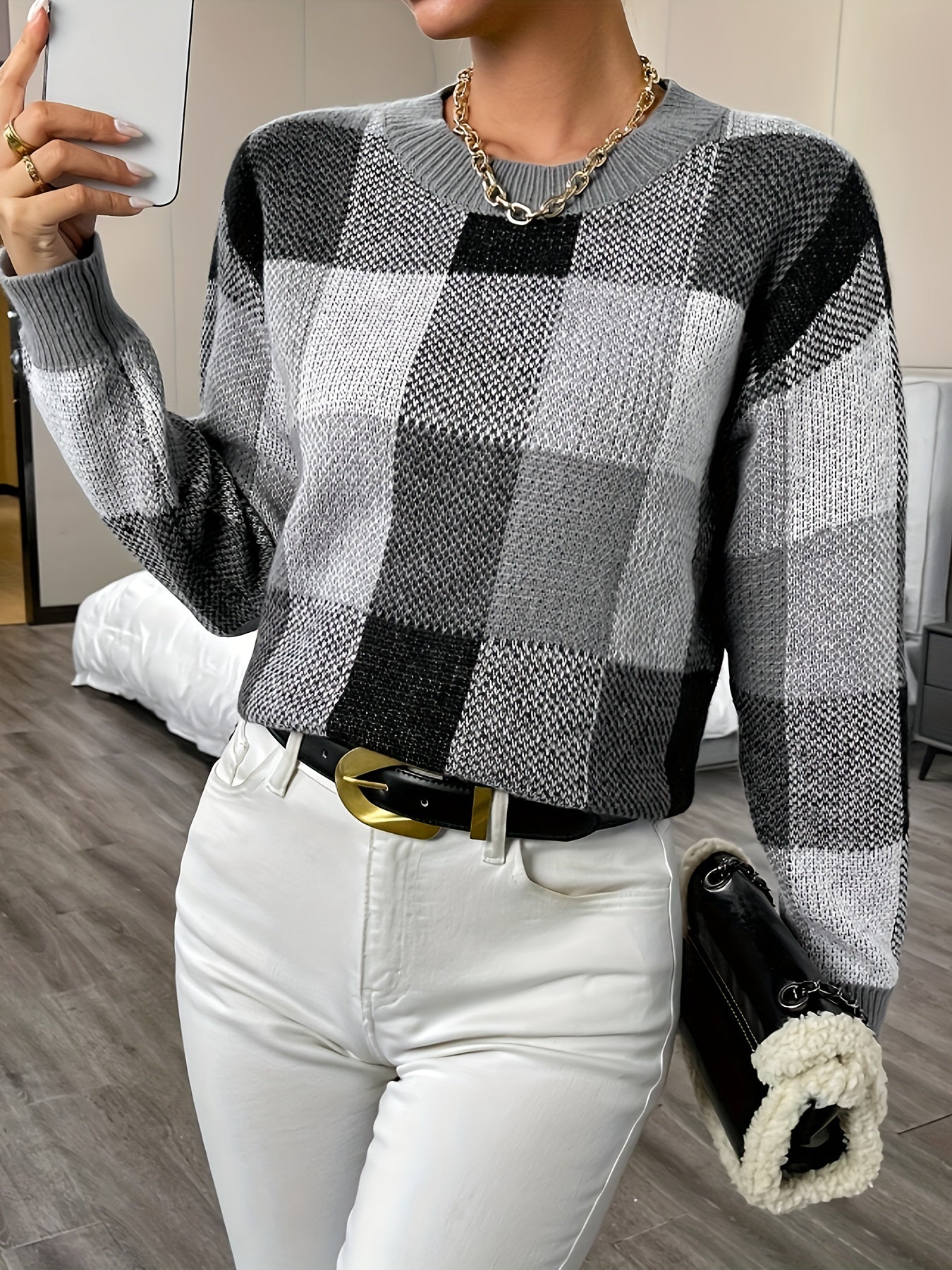 vlovelaw Plaid Crew Neck Pullover Sweater, Elegant Long Sleeve Fall Winter Sweater, Women's Clothing