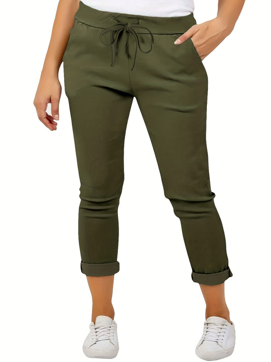 vlovelaw  Plus Size Casual Pants, Women's Plus Solid Drawstring Roll Up Hem Slight Stretch Pants