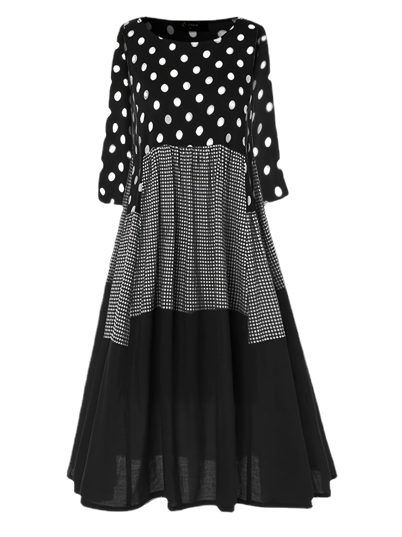 vlovelaw  Polka-dot Stitching Dress, Crew Neck Long Sleeve Dress, Casual Every Day Dress, Women's Clothing