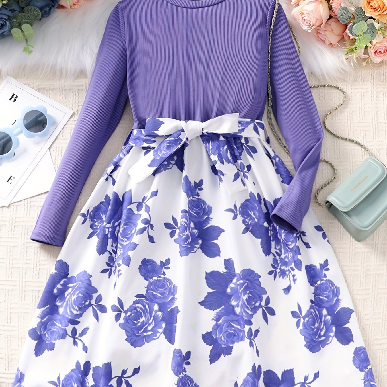 vlovelaw  Girls Long Sleeves Round Neck Flowers Splicing Belted Dress For Party Kids Spring Clothes