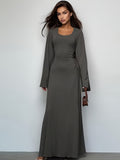 Solid Flared Long Sleeve Dress, Casual Squared Neck Maxi Dress, Women's Clothing