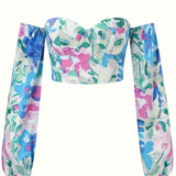 vlovelaw  Floral Print Off Shoulder Crop Blouse, Vintage Cross Tie Back Blouse For Spring & Fall, Women's Clothing