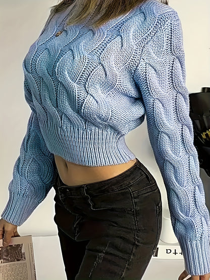 vlovelaw  Solid Crew Neck Cable Knit Sweater, Casual Long Sleeve Crop Pullover Sweater, Women's Clothing