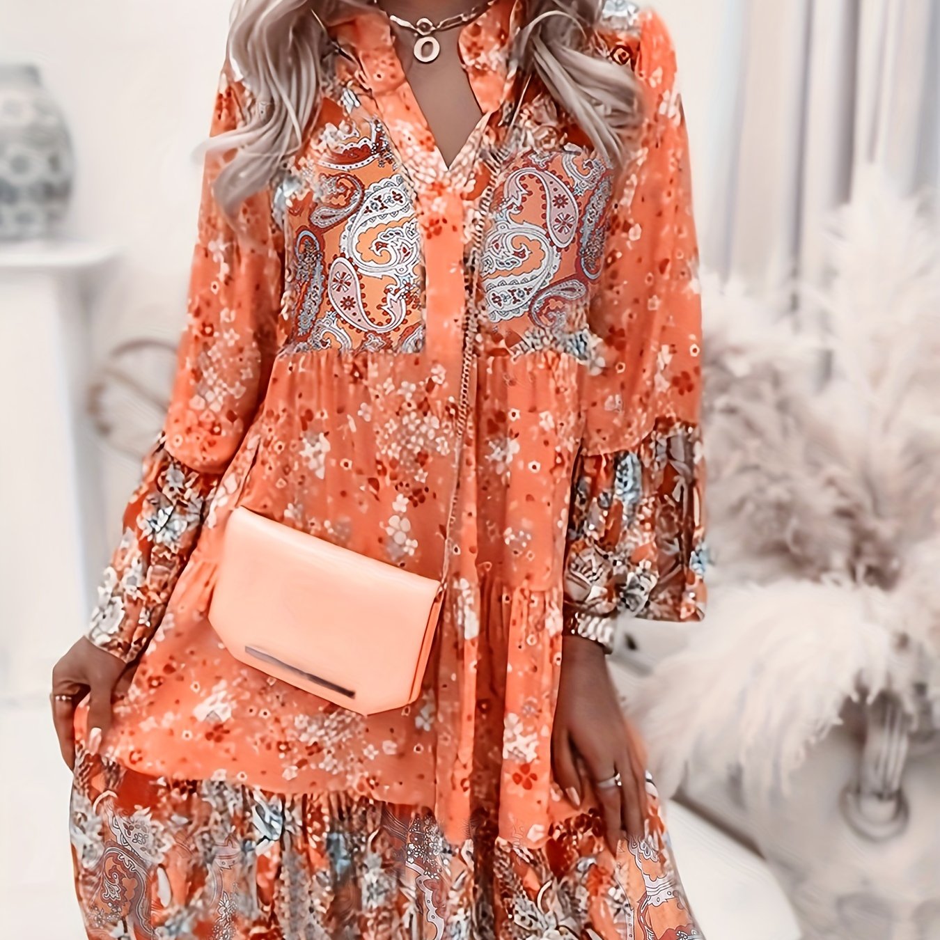 vlovelaw  Floral Print Ruffle Hem Dress, Boho Holiday Long Sleeve V-neck Dress, Women's Clothing