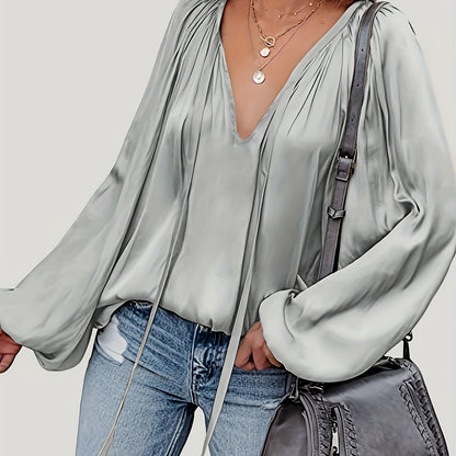 Solid Tie Neck Pleated Blouse, Casual Long Sleeve Blouse For Spring & Fall, Women's Clothing