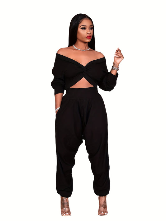 Solid Two Piece Set, V-neck Off Shoulder Crop Top & High Waist Elastic Pants, Women's Clothing