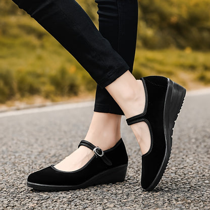 Stylish Womens Solid Color Wedge Heeled Shoes - All-Season, Buckle Closure, Comfortable Platform Shoes with All-Weather Grip and Plain Toe - Perfect for Casual Occasions