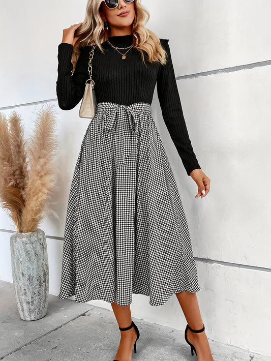 vlovelaw  Houndstooth Print Splicing Dress, Elegant Mock Neck Long Sleeve Dress, Women's Clothing