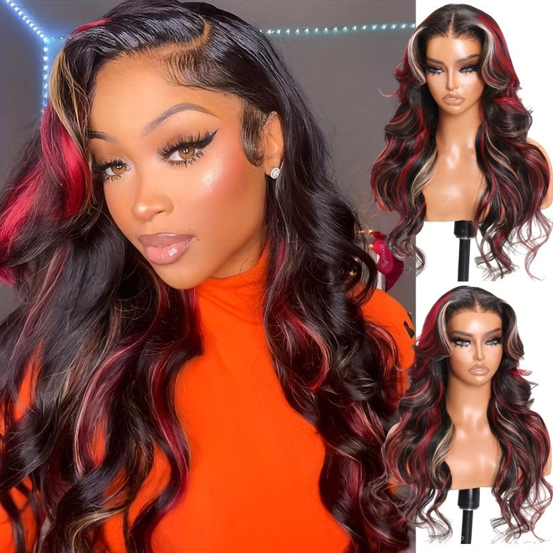 UNice Hair Burgundy With Blonde Highlights 13x4 Lace Front Wig Human Hair Loose Wave Wig Black With Red & Blonde Wavy Wigs 150%