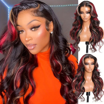 UNice Hair Burgundy With Blonde Highlights 13x4 Lace Front Wig Human Hair Loose Wave Wig Black With Red & Blonde Wavy Wigs 150%