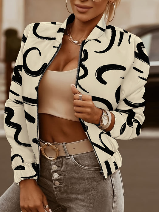 Abstract Print Zip Up Bomber Jacket, Casual Long Sleeve Outerwear, Women's Clothing