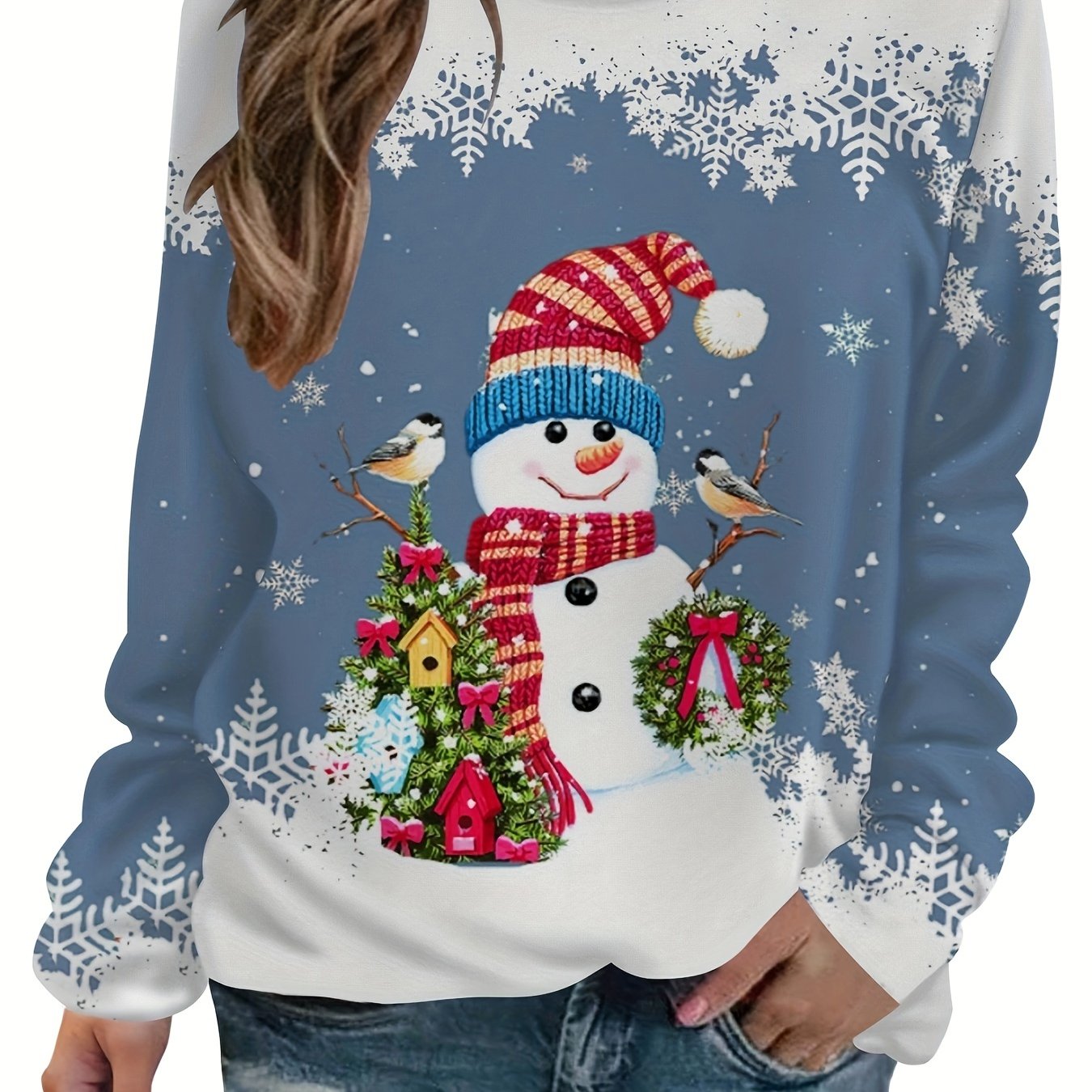 vlovelaw  Christmas Snowman Printed Warm Sports Sweatshirts, Long-sleeved Round Neck Casual Sports Pullover Tops For Winter And Autumn, Women's Sporty Sweatshirts